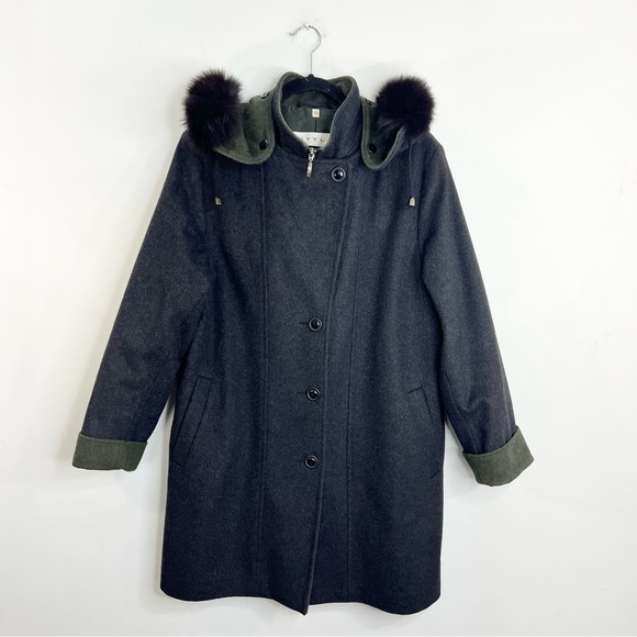 Vtg Italian made grey green wool blend LODEN coat removable fur trim hood EU 38 - Picture 4 of 17